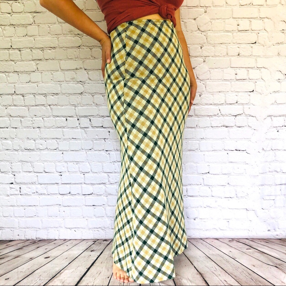 Vintage Maxi Skirt Plaid Tan 70s 80s Era